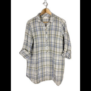 J. Jill Love Linen Plaid Button Tunic Top Rolltab Women’s Medium Classic Coastal
